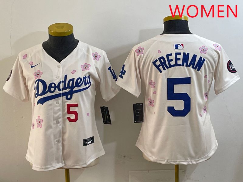 Women Los Angeles Dodgers #5 Freeman Cream Sakura Edition 2025 Nike MLB Jersey style 7